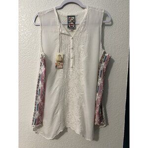 johnny was white embroidered cupra sleeveless summer top size XL RARE HTF